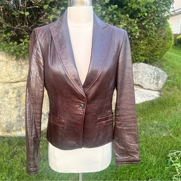 Calvin Klein Brown Leather Button Front Jacket Blazer - Picture 2 of 16